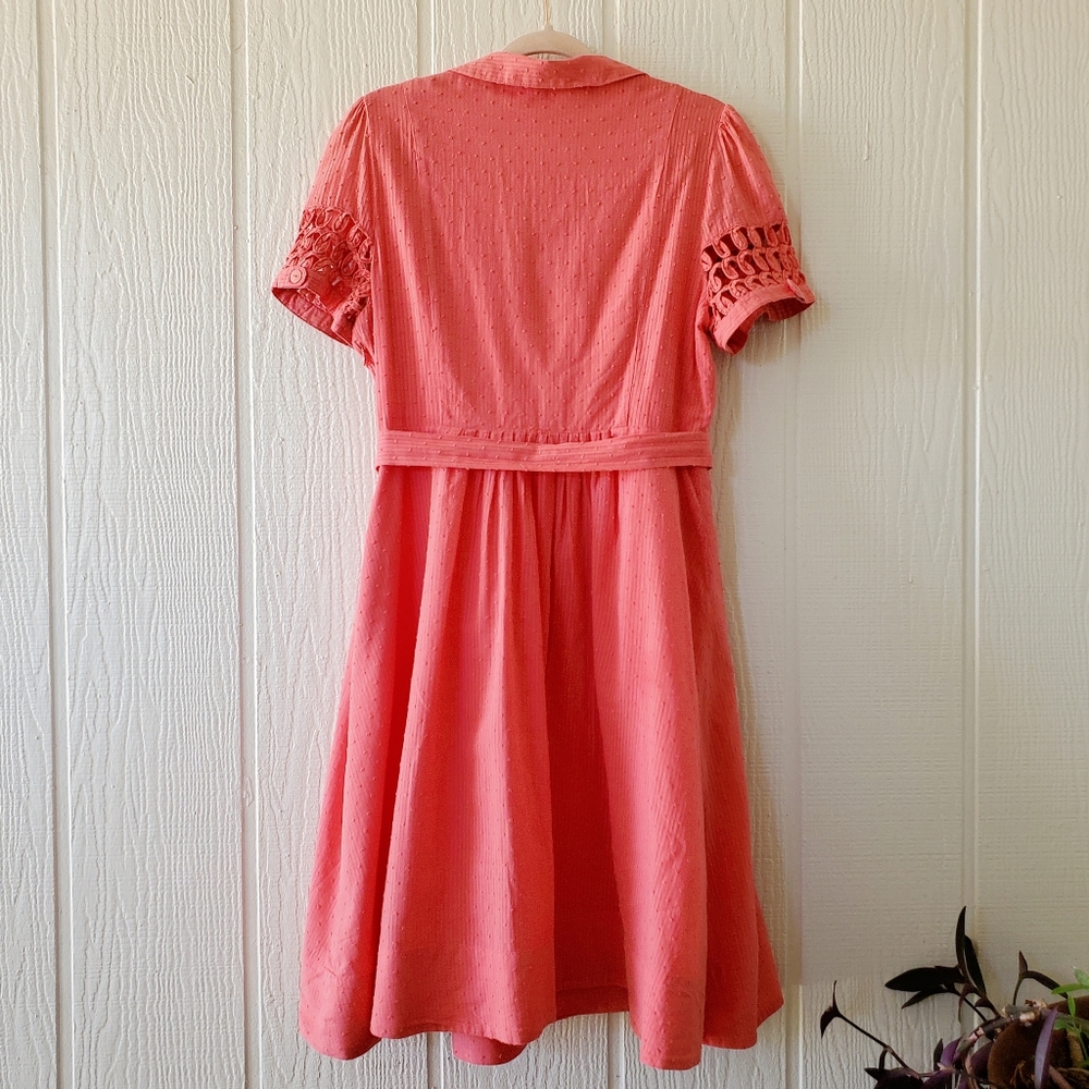 Vintage Anthropologie MaEve Pink V Neck Button Swiss Dot Swing Dress Pockets 14 - Picture 2 of 8